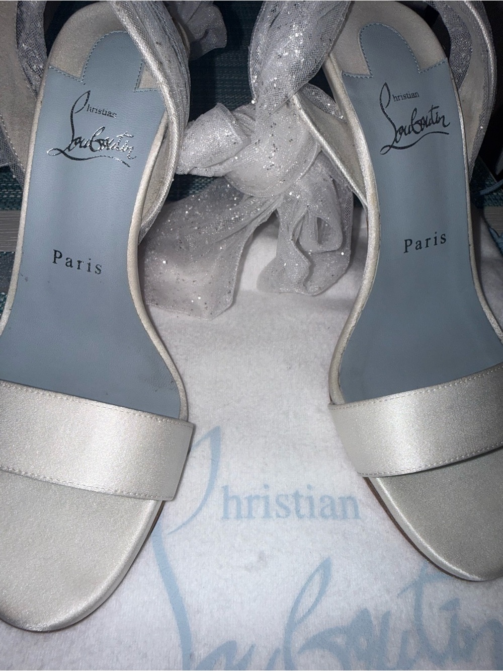 Christian Louboutin Women's Silver Satin Ankle-Tie Open-Toe Heels